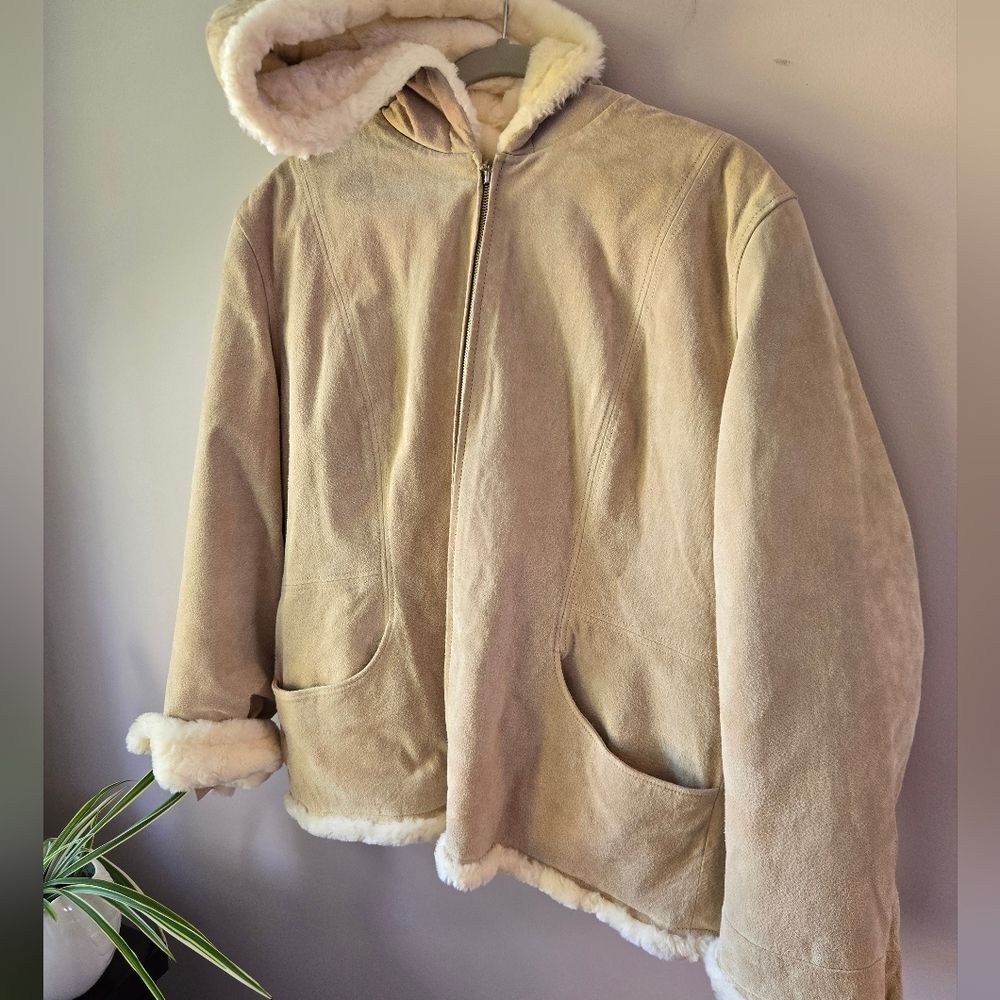 Hudson Place Genuine Suede Leather Hooded Shearling Jacket Tan Large